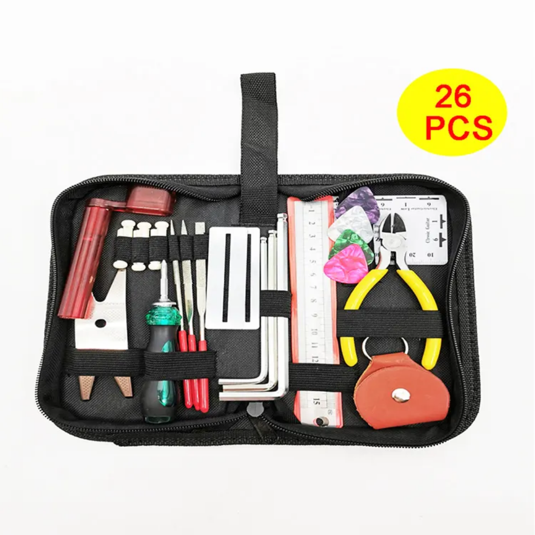 26-Piece Guitar Repair Tool Kit – Complete Maintenance Set for Acoustic, Electric & Bass Guitars with String Cutter, Ruler, Files & More