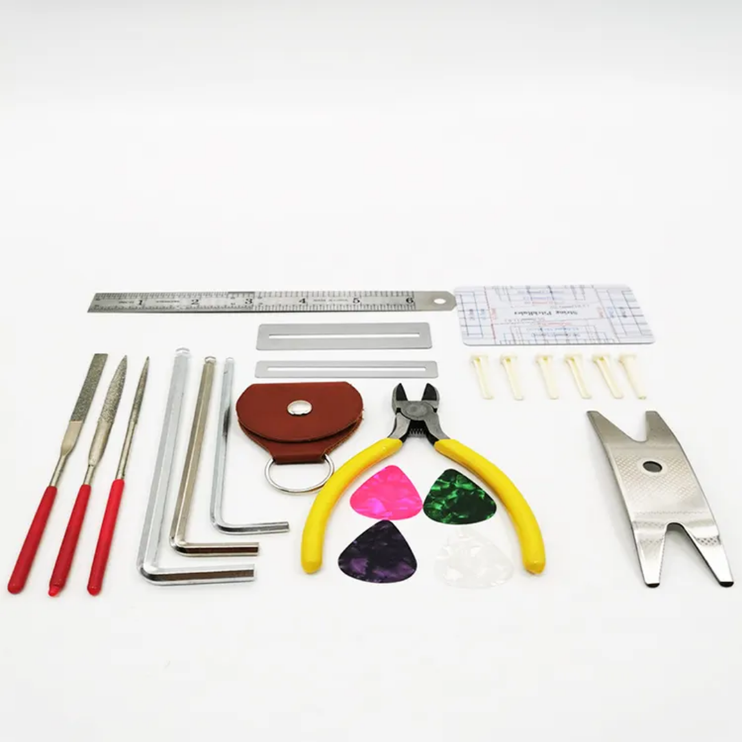 26-Piece Guitar Repair Tool Kit – Complete Maintenance Set for Acoustic, Electric & Bass Guitars with String Cutter, Ruler, Files & More