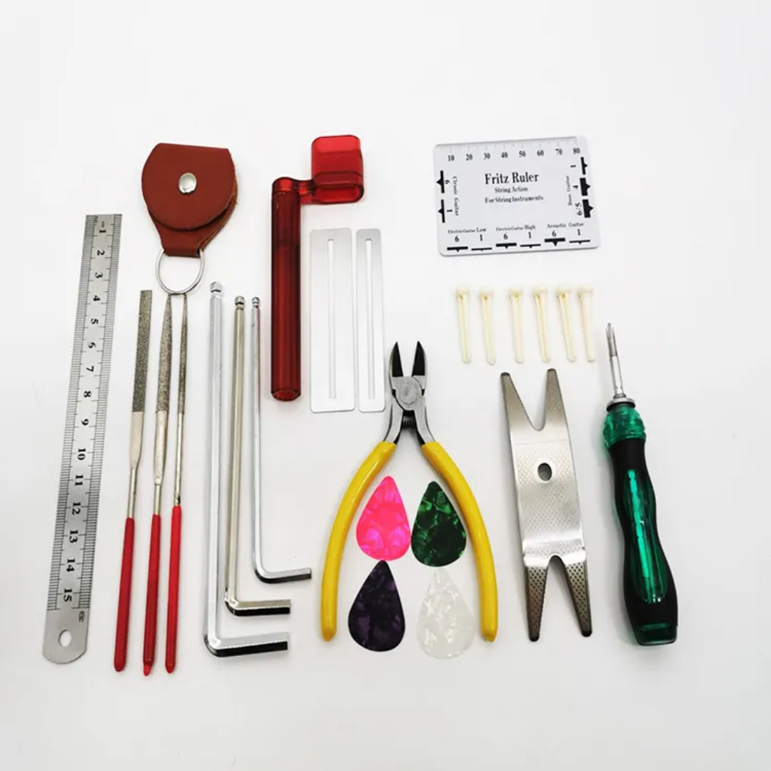 26-Piece Guitar Repair Tool Kit – Complete Maintenance Set for Acoustic, Electric & Bass Guitars with String Cutter, Ruler, Files & More