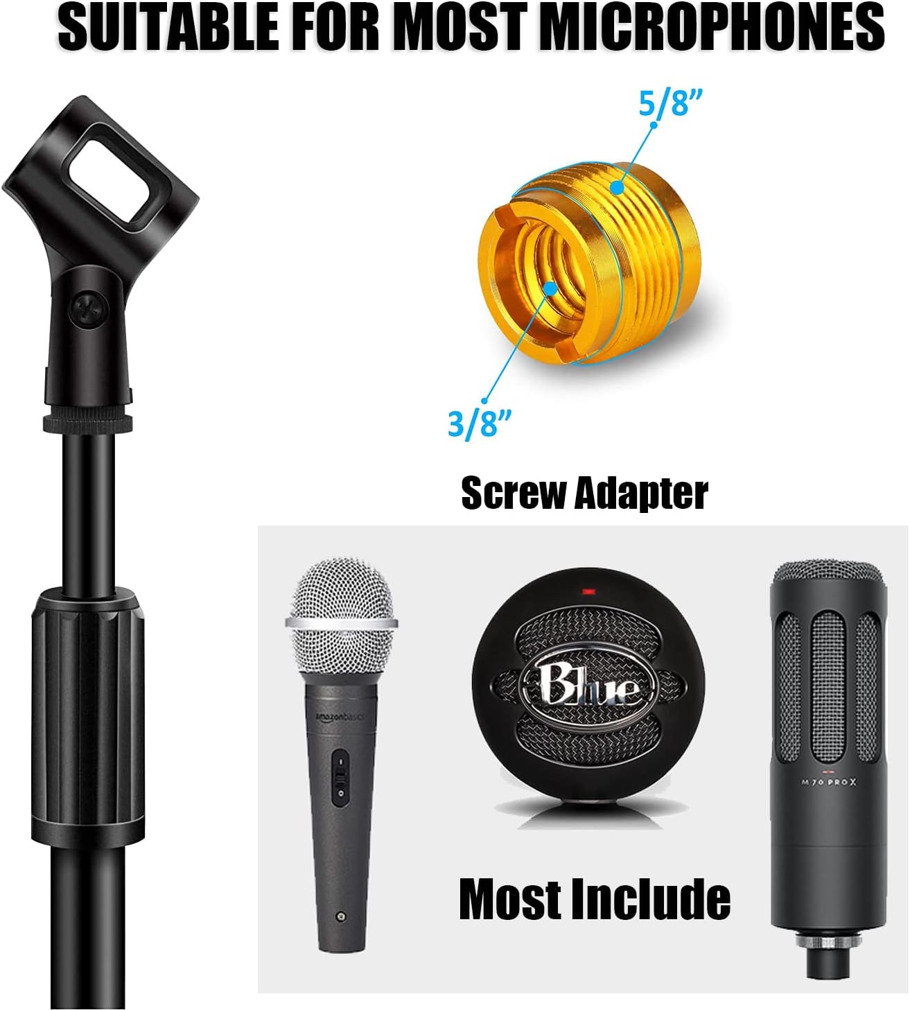 GLEAM Microphone Stand with Boom Arm – Adjustable Floor Mic Stand 34”–60” with Weighted Round Base