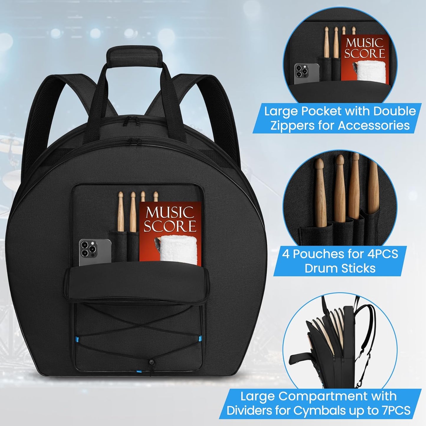 22" Cymbal Bag Backpack – Padded Double-Layer Gig Bag with Dividers, Multi-Pocket Soft Case, Backpack Strap & Carrying Handle