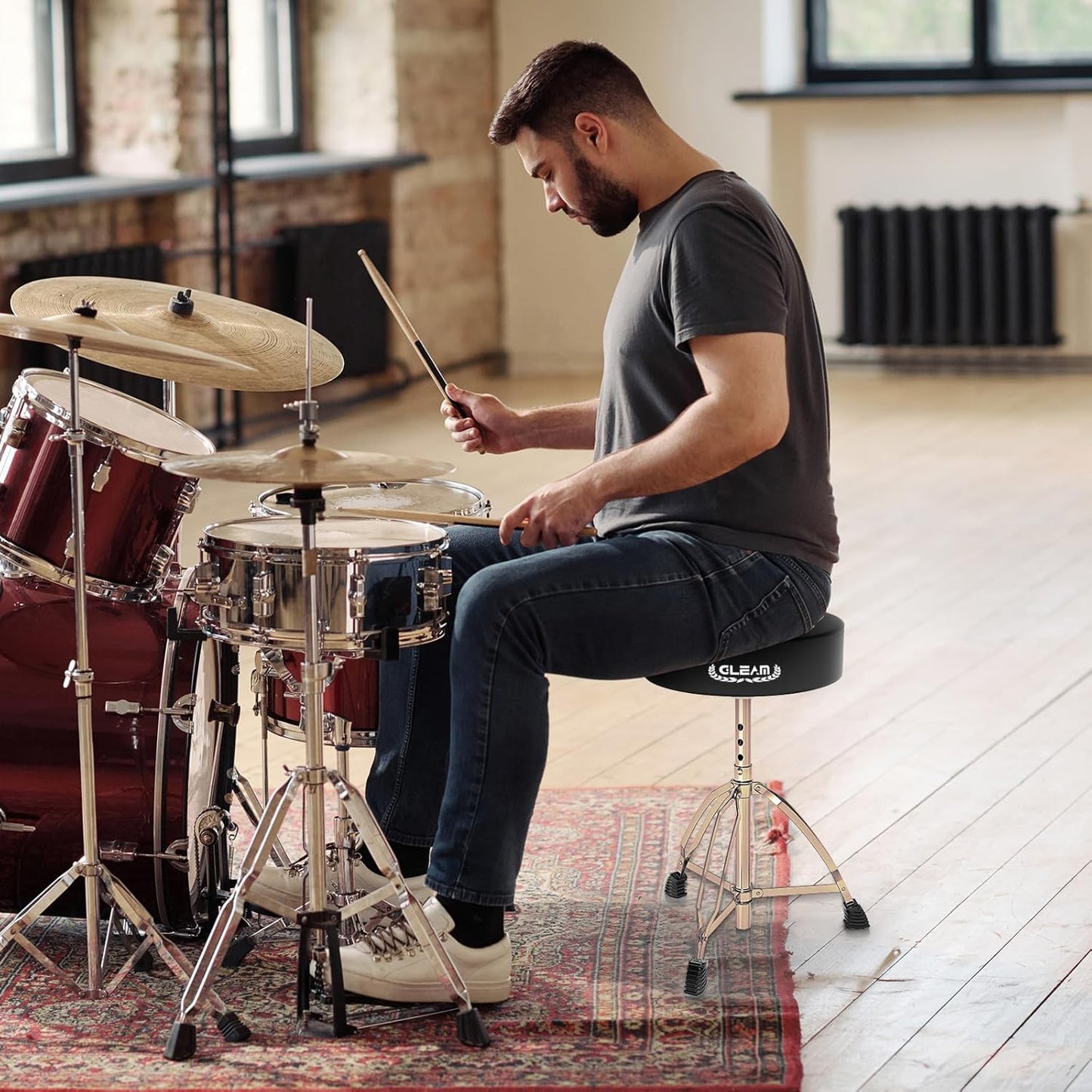 Adjustable Drum Throne – Padded Drum Stool with Sticks