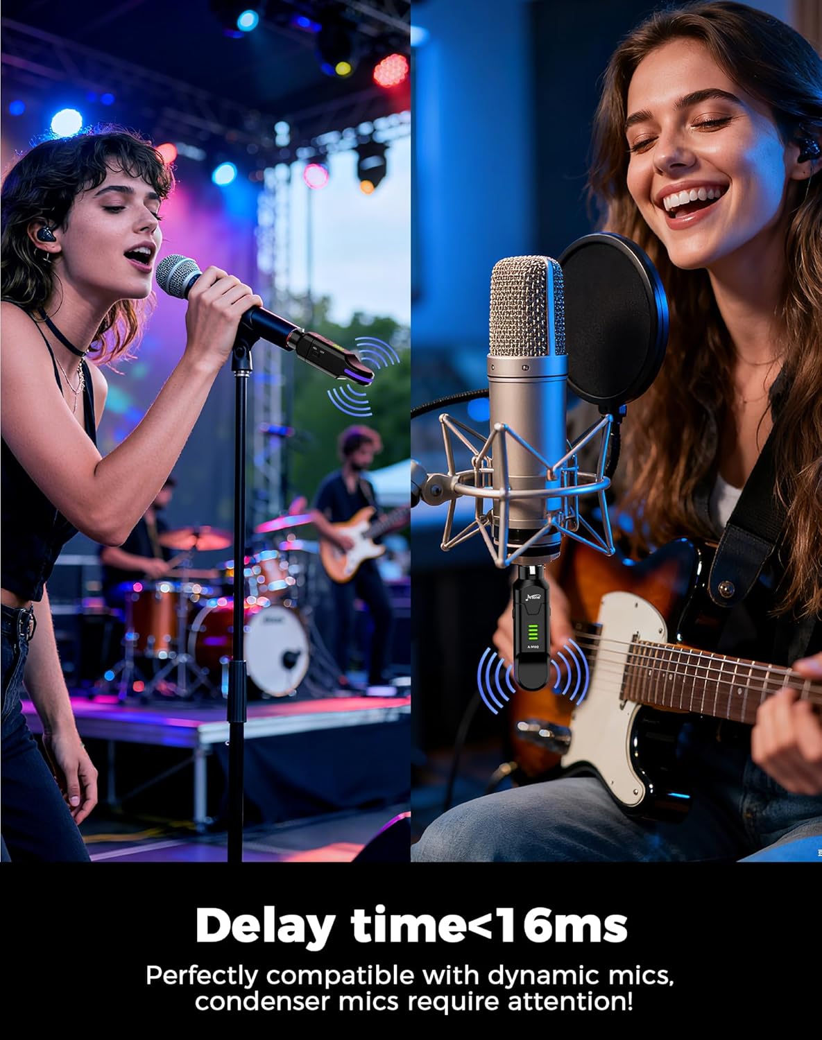 Wireless XLR Transmitter & Receiver – 2.4GHz Wireless Microphone System with 48V Phantom Power, Ultra-Low Latency for Dynamic & Condenser Mics, PA, Live Streaming, Studio (A-MW2)