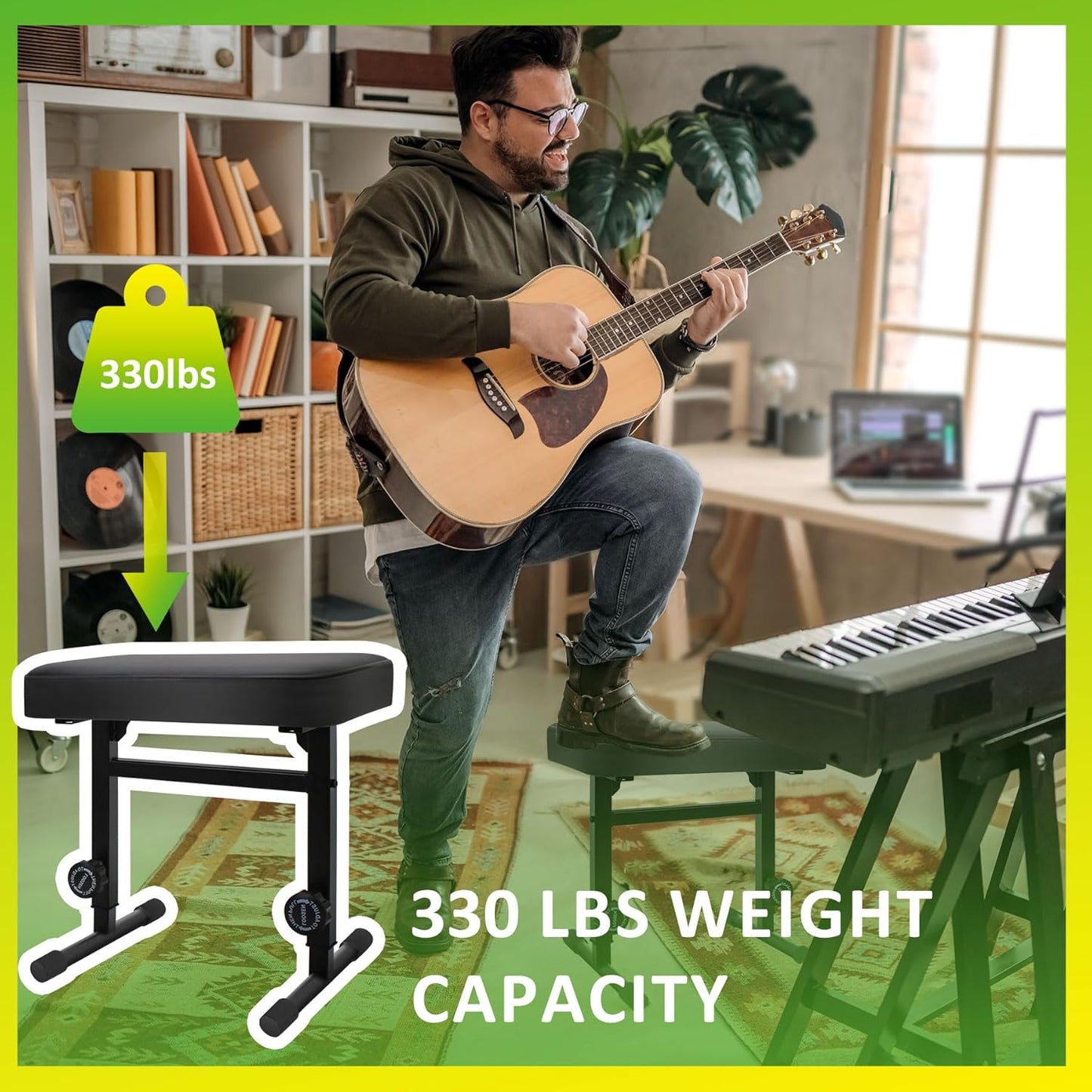 Adjustable Piano Bench Stool – Padded PU Leather Keyboard Seat for Musicians, Height Adjustable, Sturdy No-Backrest Design – Black