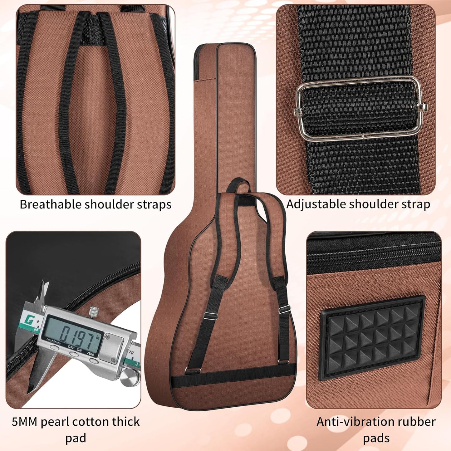 Brown Guitar Gig Bag – Acoustic & Classical Guitar Case with Dual Adjustable Shoulder Straps, Padded Soft Cover with Front Pockets