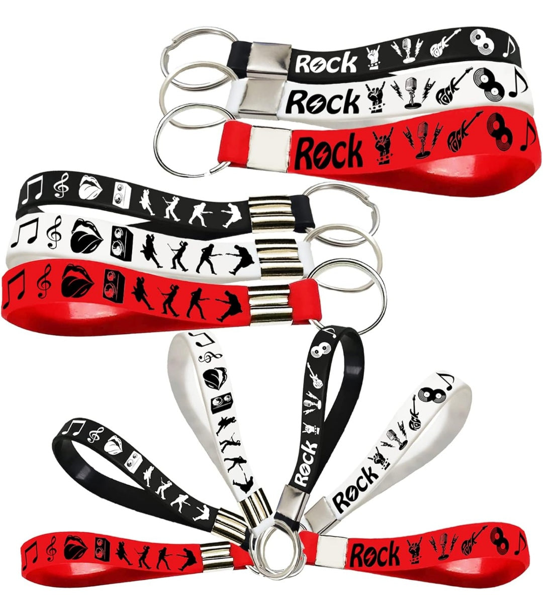 Rock and Roll Silicone Keychains Rubber Keyrings -80s 90s Party Supplies Music Guitar Rap Hip Hop Birthday Baby Shower Party Favors