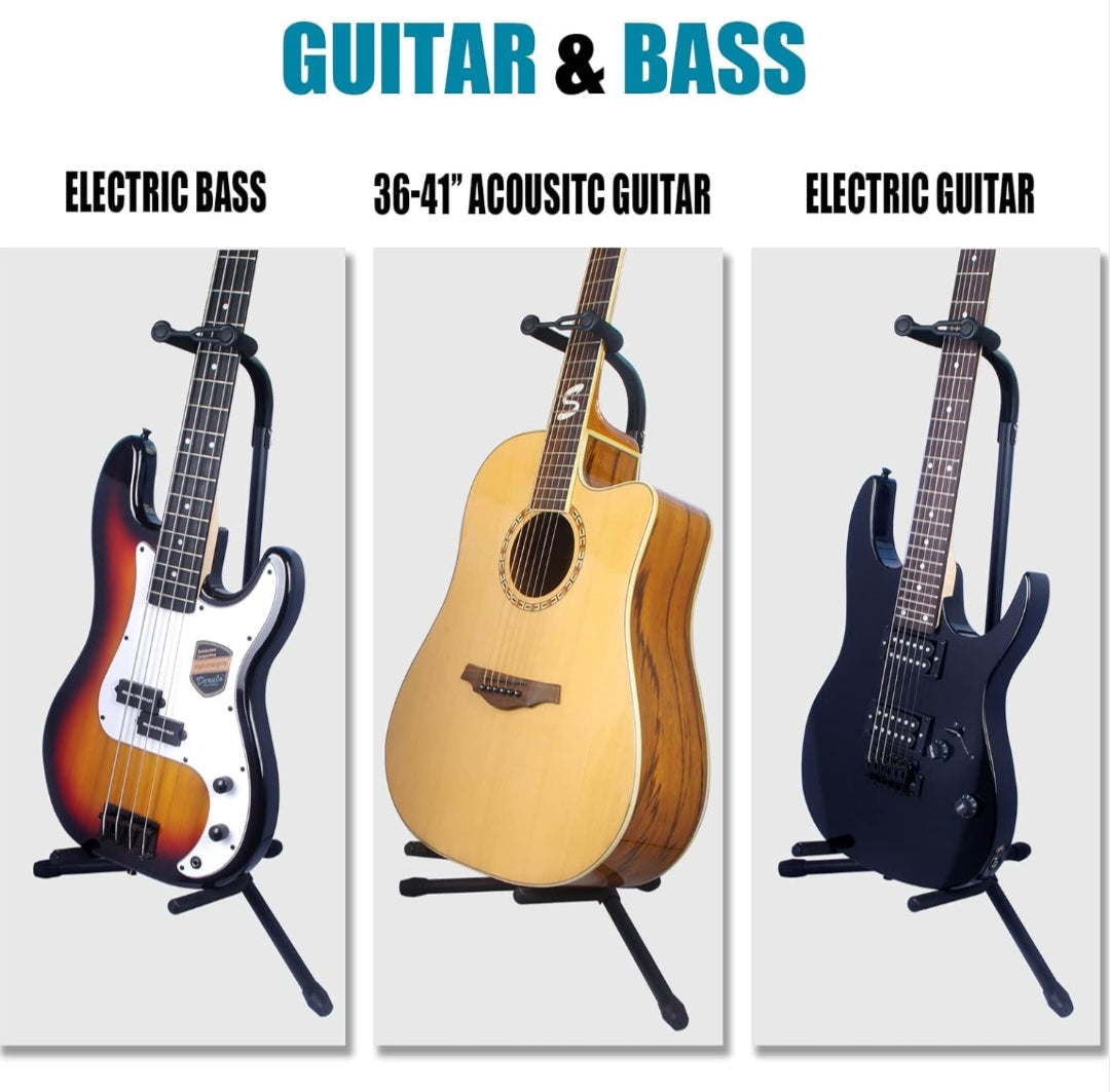 GLEAM Guitar Stand - Adjustable Fit Electric, Classical Guitars and Bass, Load Capacity 20LB, Accessories, Folding Type Black (CG-4)