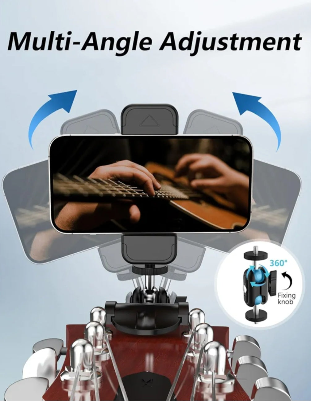 Guitar Head Phone Holder Mount, for Viewing Sheet Music and Recording Videos, 360° Rotating Guitar Accessory/Stuff, for 4.7-6.5" Smartphones, Ideal Gift for Men and Women, Fits Guitar/Bass/Ukulele
