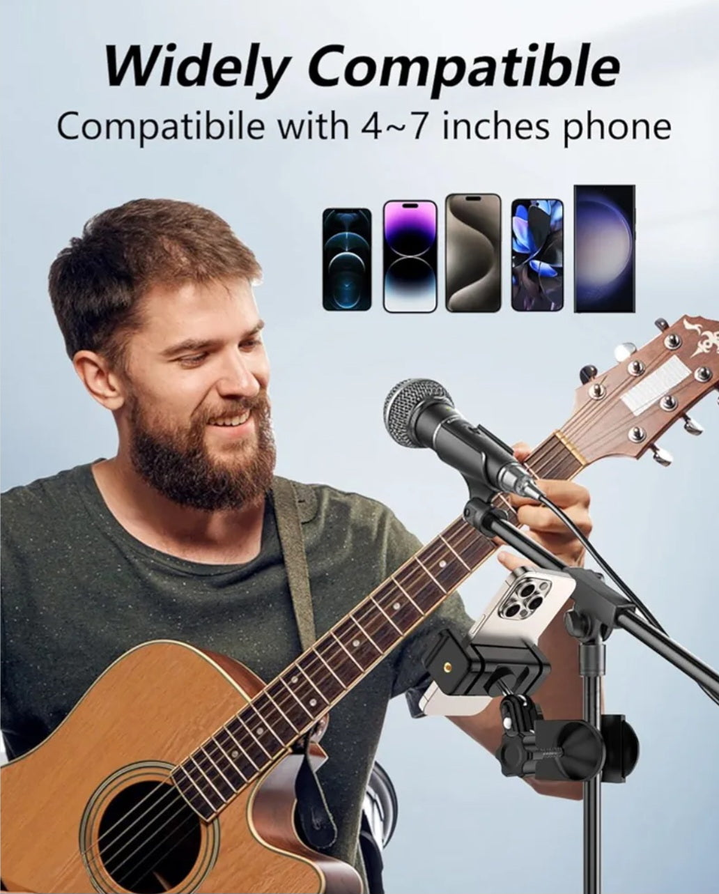 Guitar Head Phone Holder Mount, for Viewing Sheet Music and Recording Videos, 360° Rotating Guitar Accessory/Stuff, for 4.7-6.5" Smartphones, Ideal Gift for Men and Women, Fits Guitar/Bass/Ukulele