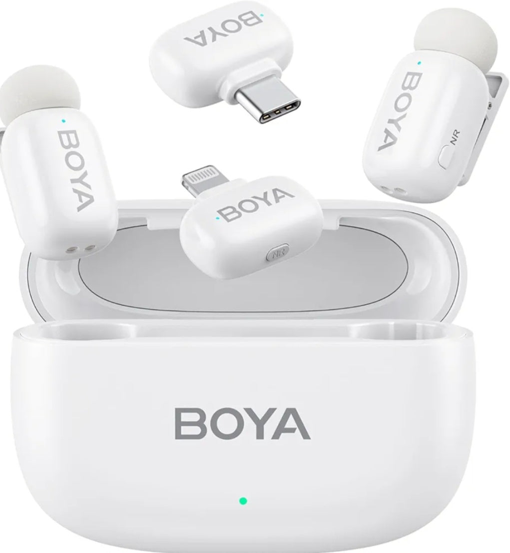 BOYA Mini Wireless Lavalier Mic for iPhone & Android, USB-C/Lightning, Noise Reduction, 30h Battery, White