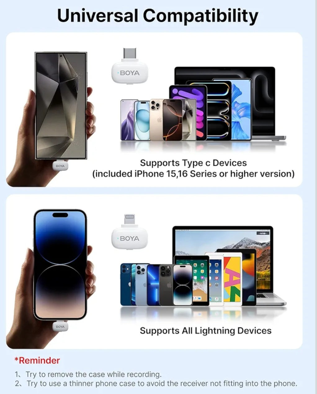BOYA Mini Wireless Lavalier Mic for iPhone & Android, USB-C/Lightning, Noise Reduction, 30h Battery, White
