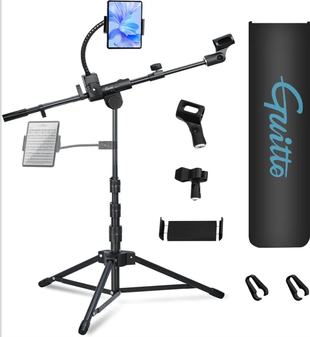 GUITTO Microphone Floor Stand with Phone/iPad Holder, Adjustable Boom Mic Stand with Heavy-Duty Base, Dual Device Mount for Streaming, Podcasting, Recording, and Live Performances GMS-04