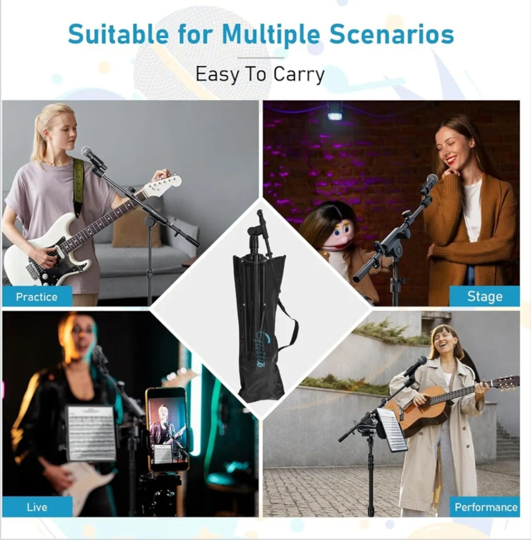 GUITTO Microphone Floor Stand with Phone/iPad Holder, Adjustable Boom Mic Stand with Heavy-Duty Base, Dual Device Mount for Streaming, Podcasting, Recording, and Live Performances GMS-04