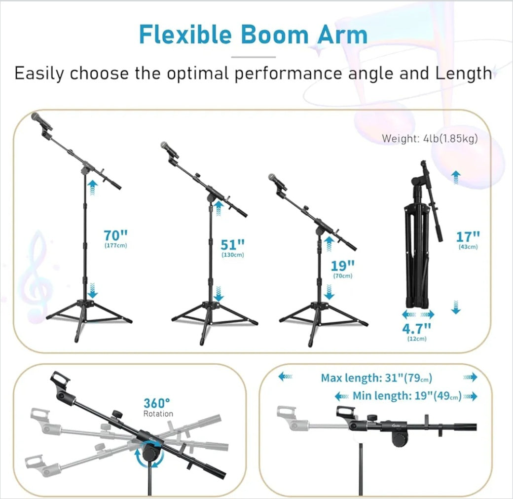 GUITTO Microphone Floor Stand with Phone/iPad Holder, Adjustable Boom Mic Stand with Heavy-Duty Base, Dual Device Mount for Streaming, Podcasting, Recording, and Live Performances GMS-04