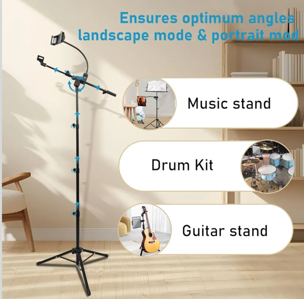 GUITTO Microphone Floor Stand with Phone/iPad Holder, Adjustable Boom Mic Stand with Heavy-Duty Base, Dual Device Mount for Streaming, Podcasting, Recording, and Live Performances GMS-04