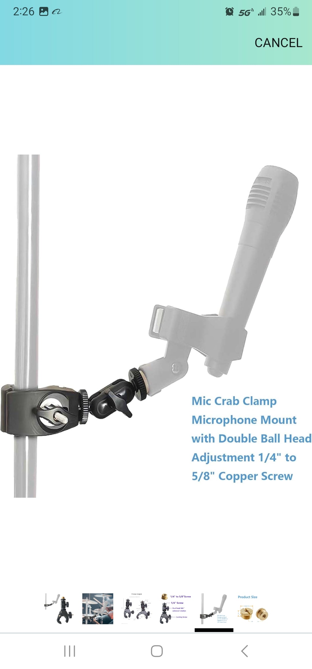 Microphone Crab Clip Mount with Double Ball Head Adjustment 1/4" to 5/8" Thread, Compatible with Most Microphones, Studio Recording, Podcasting, and Live Streaming - Durable and Flexible Design