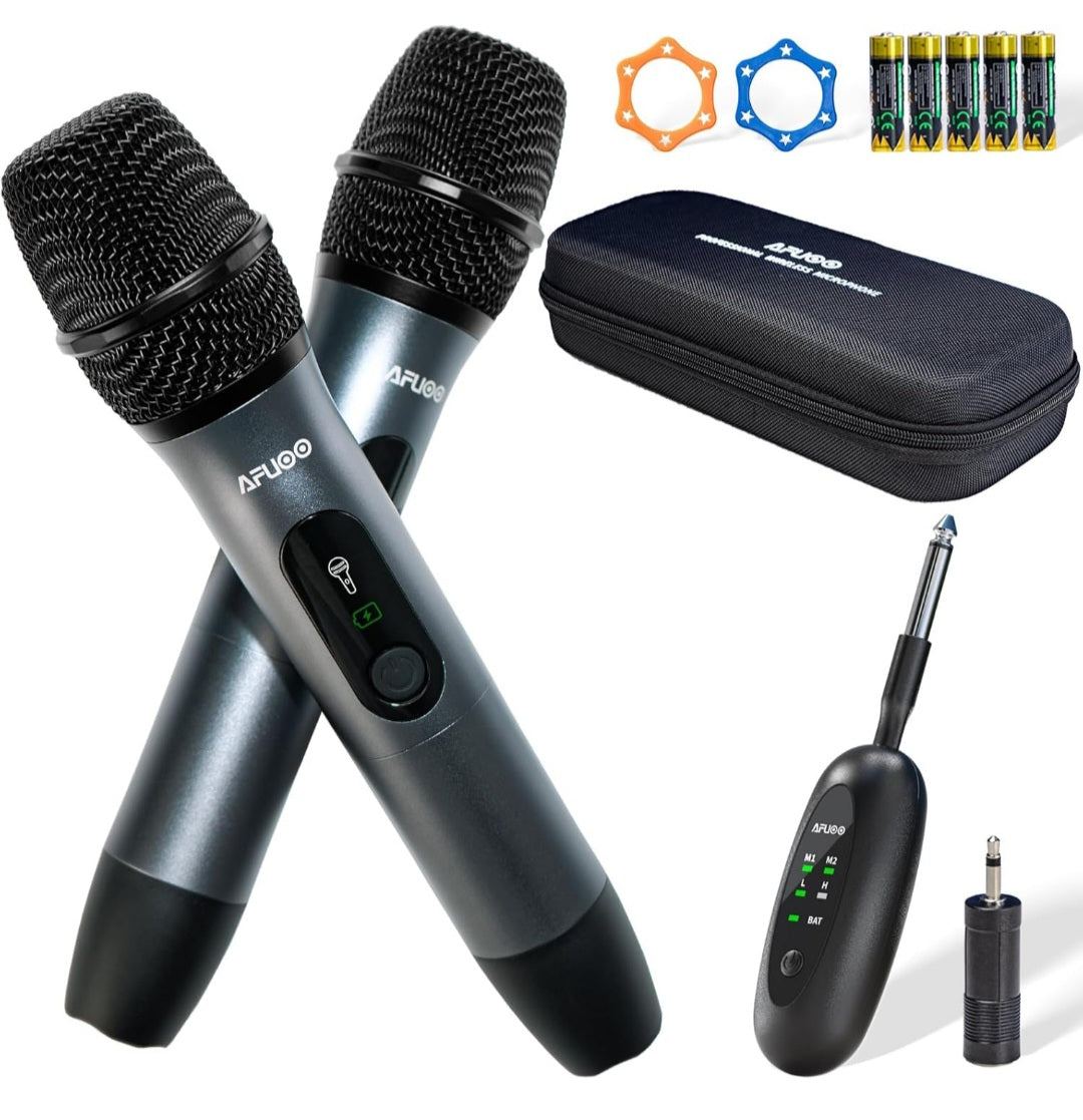 Afuoo Wireless Microphone Set for Singing, Speeches, Karaoke, Dual-Mic Receiver with AA Battery, Storage Case Included, Metal Cordless Mic 2 Pack for Karaoke Machines, PA Systems, Amplifier, Navy Blue