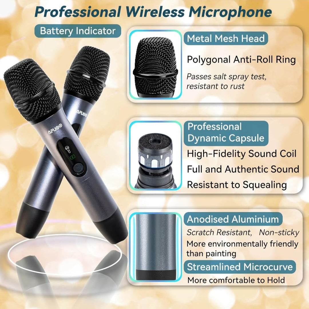 Afuoo Wireless Microphone Set for Singing, Speeches, Karaoke, Dual-Mic Receiver with AA Battery, Storage Case Included, Metal Cordless Mic 2 Pack for Karaoke Machines, PA Systems, Amplifier, Navy Blue