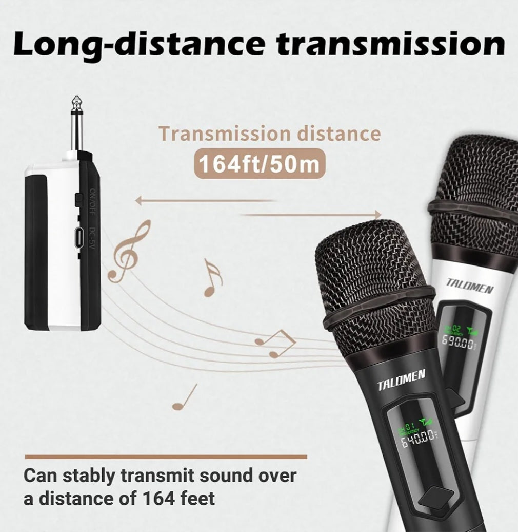 Talomen Wireless Microphones, Rechargeable Karaoke Microphone for Singing, 2.4GHz Dual Handheld Cordless Dynamic Mic System with Receiver(160 Ft) for Wedding, DJ, Party, Speech, K60-2 Black & White