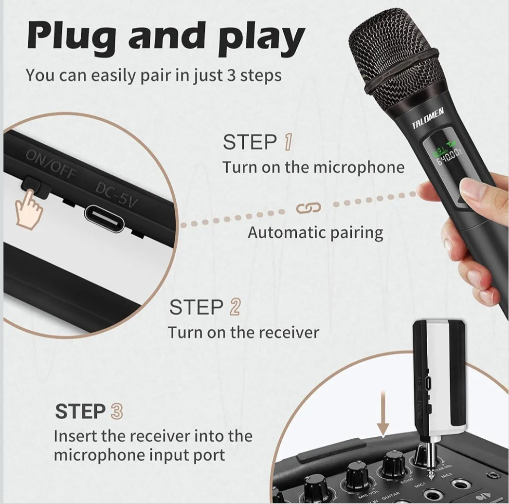 Talomen Wireless Microphones, Rechargeable Karaoke Microphone for Singing, 2.4GHz Dual Handheld Cordless Dynamic Mic System with Receiver(160 Ft) for Wedding, DJ, Party, Speech, K60-2 Black & White