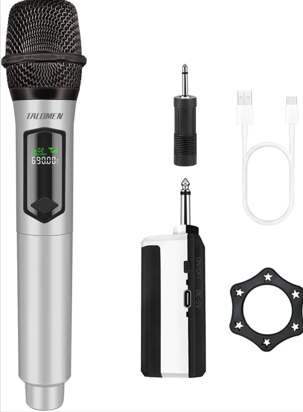 Talomen Wireless Microphone, Rechargeable Karaoke Microphone for Singing, 2.4GHz Handheld Cordless Dynamic Mic System with Receiver(160 Ft) for Wedding, DJ, Party, Speech, Church, K60-1, Silver