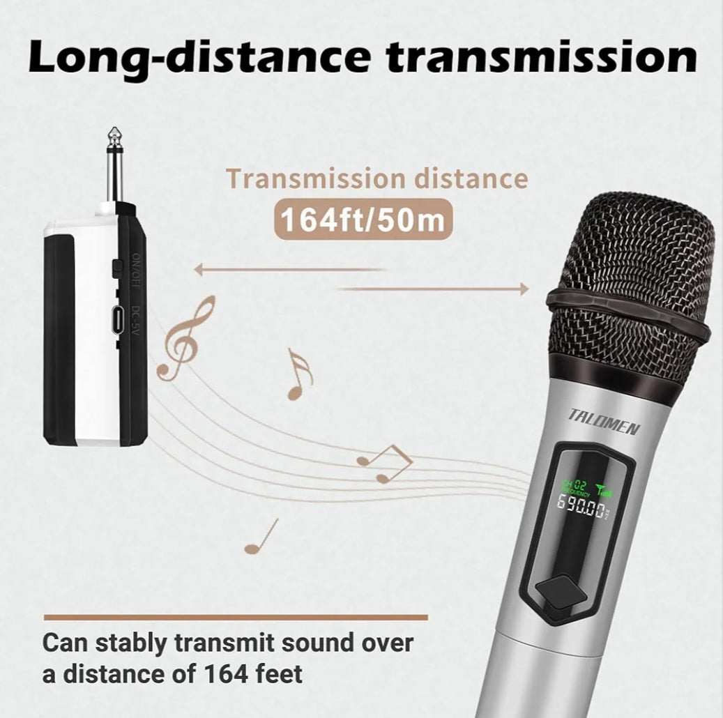 Talomen Wireless Microphone, Rechargeable Karaoke Microphone for Singing, 2.4GHz Handheld Cordless Dynamic Mic System with Receiver(160 Ft) for Wedding, DJ, Party, Speech, Church, K60-1, Silver