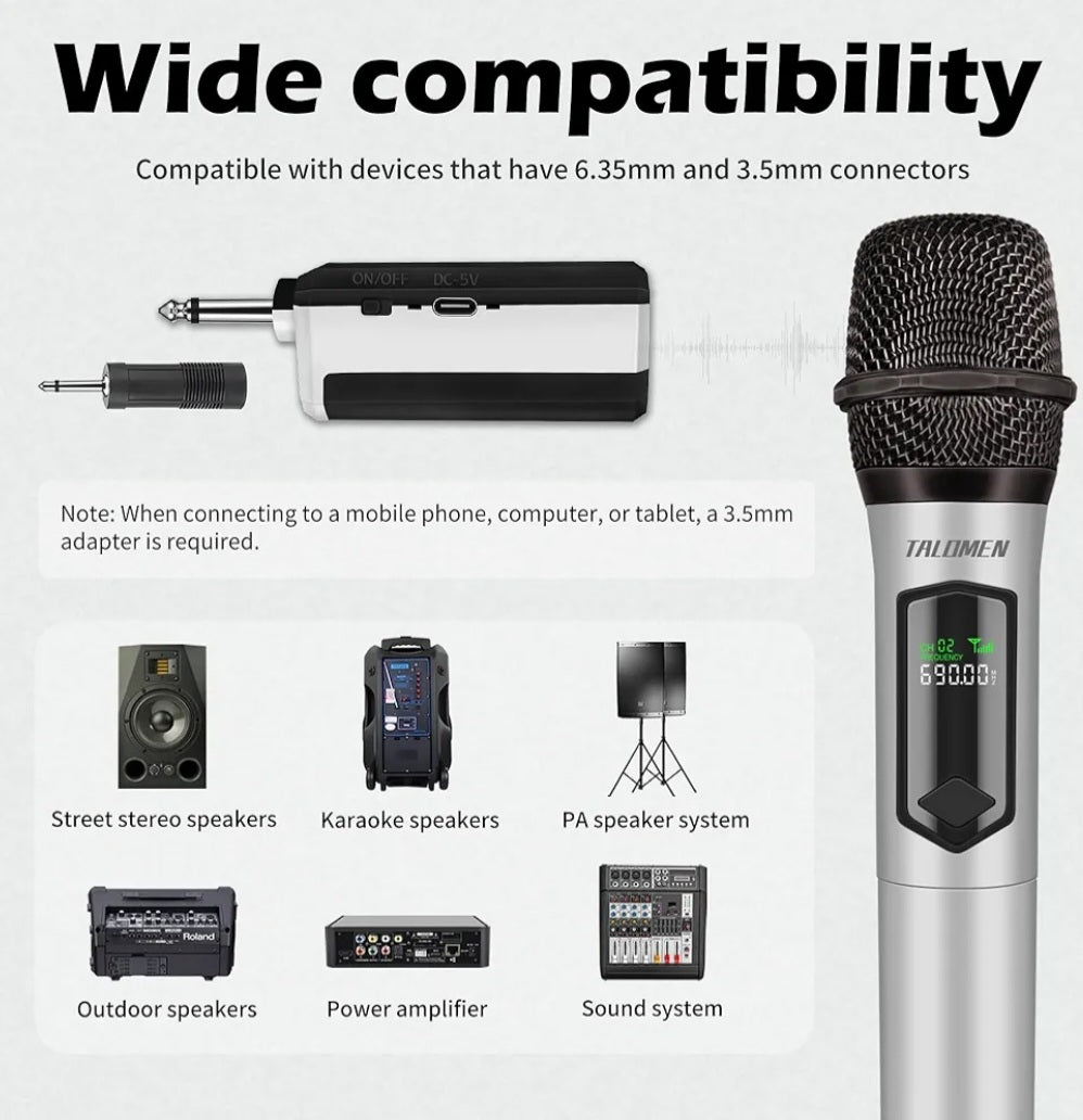 Talomen Wireless Microphone, Rechargeable Karaoke Microphone for Singing, 2.4GHz Handheld Cordless Dynamic Mic System with Receiver(160 Ft) for Wedding, DJ, Party, Speech, Church, K60-1, Silver