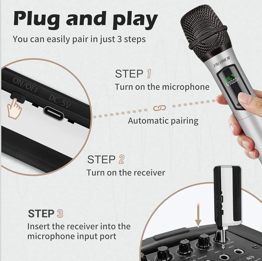 Talomen Wireless Microphone, Rechargeable Karaoke Microphone for Singing, 2.4GHz Handheld Cordless Dynamic Mic System with Receiver(160 Ft) for Wedding, DJ, Party, Speech, Church, K60-1, Silver