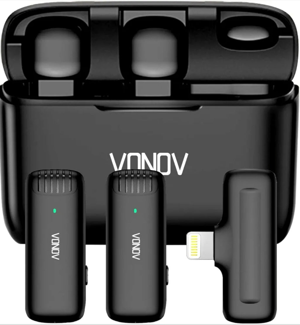 Vonov Lavalier Lapel Microphone for iPhone iPad, Wireless Mini Mic for TikTok YouTube Interview Vlog Recording, Plug-Play, Auto-Sync,Noise Reduction(2TX+1RX+Charging Case)