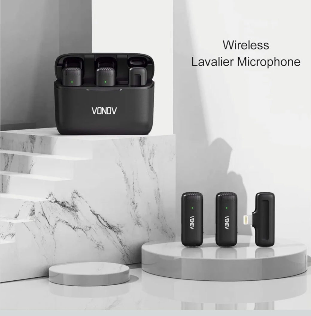 Vonov Lavalier Lapel Microphone for iPhone iPad, Wireless Mini Mic for TikTok YouTube Interview Vlog Recording, Plug-Play, Auto-Sync,Noise Reduction(2TX+1RX+Charging Case)