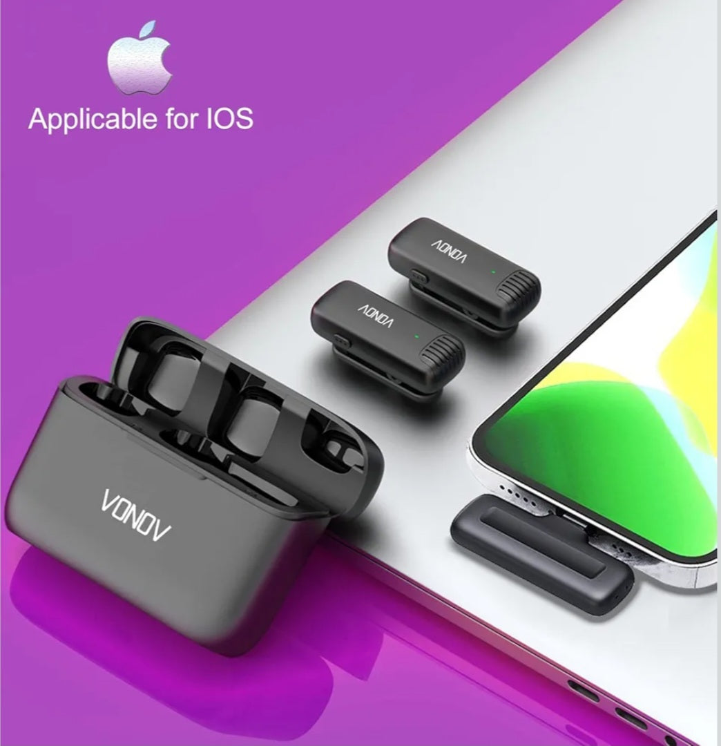 Vonov Lavalier Lapel Microphone for iPhone iPad, Wireless Mini Mic for TikTok YouTube Interview Vlog Recording, Plug-Play, Auto-Sync,Noise Reduction(2TX+1RX+Charging Case)