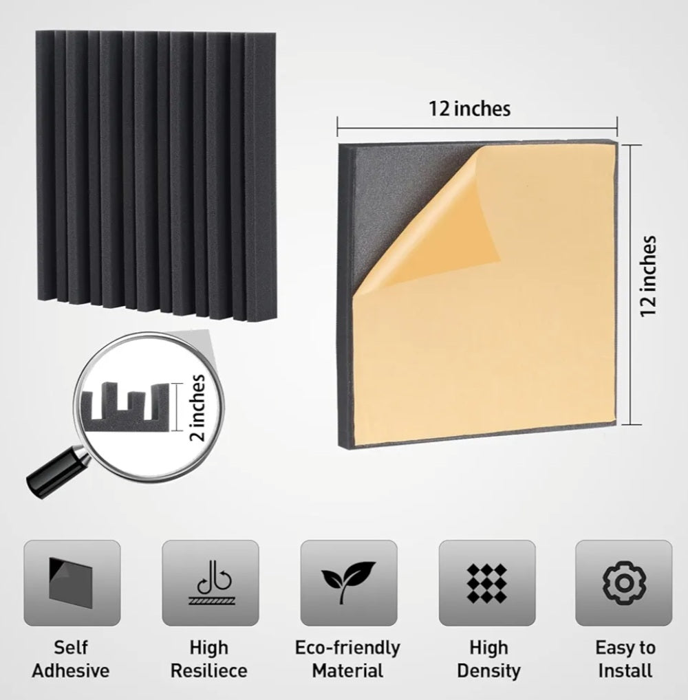 36 Pack Sound Proof Foam Panels for Walls, Self-adhesive Grooved Black Acoustic Panels, 12x12x2 Inches