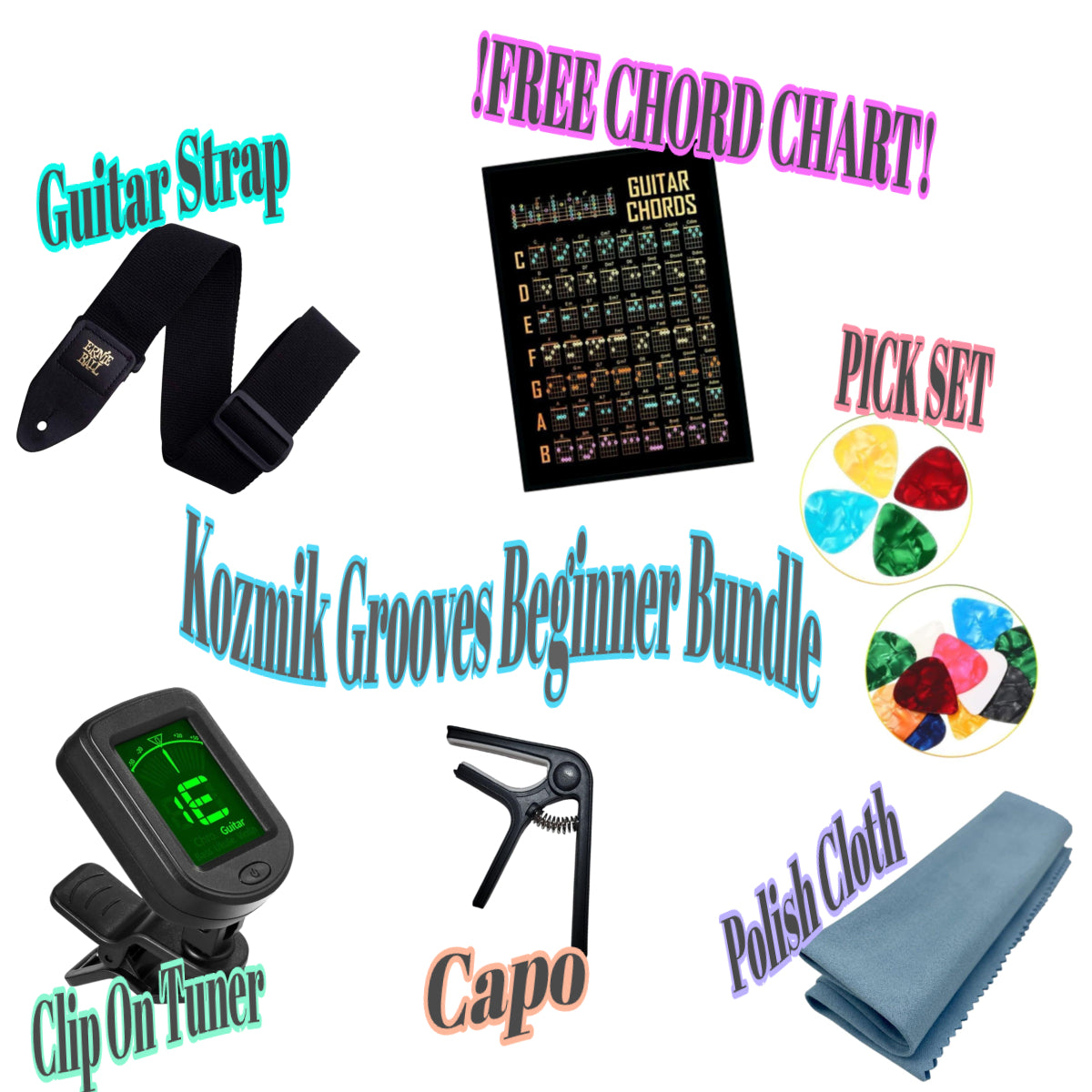 Kozmik Grooves Beginner Guitar Starter Kit - Tuner, Capo, Strap, Picks and Chord Chart Included