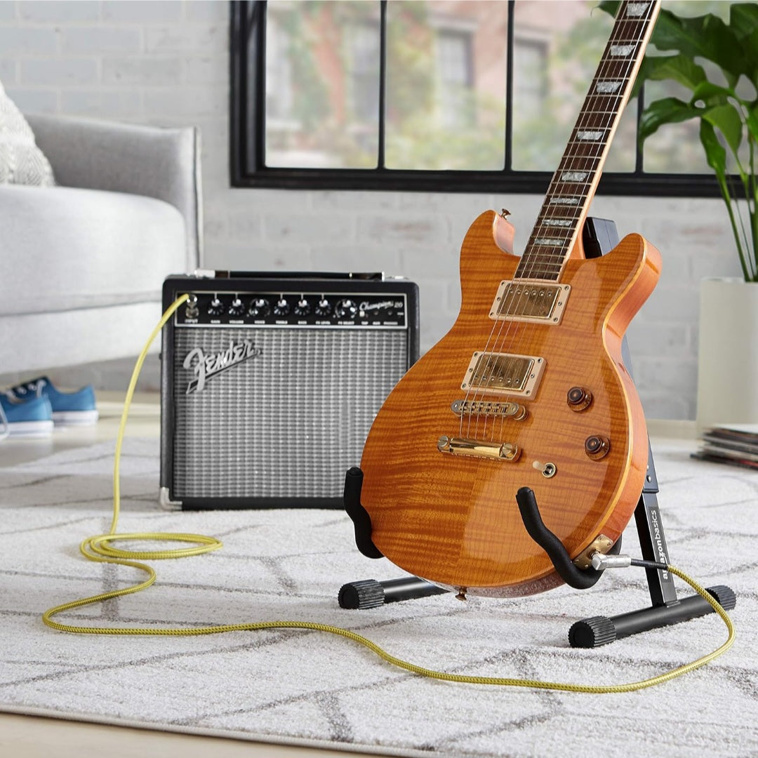 Basics TS 1/4 Inch Tweed Cloth Jacket Right-Angle Instrument Cable for Electric Guitar, 10 Foot, Yellow & Brown