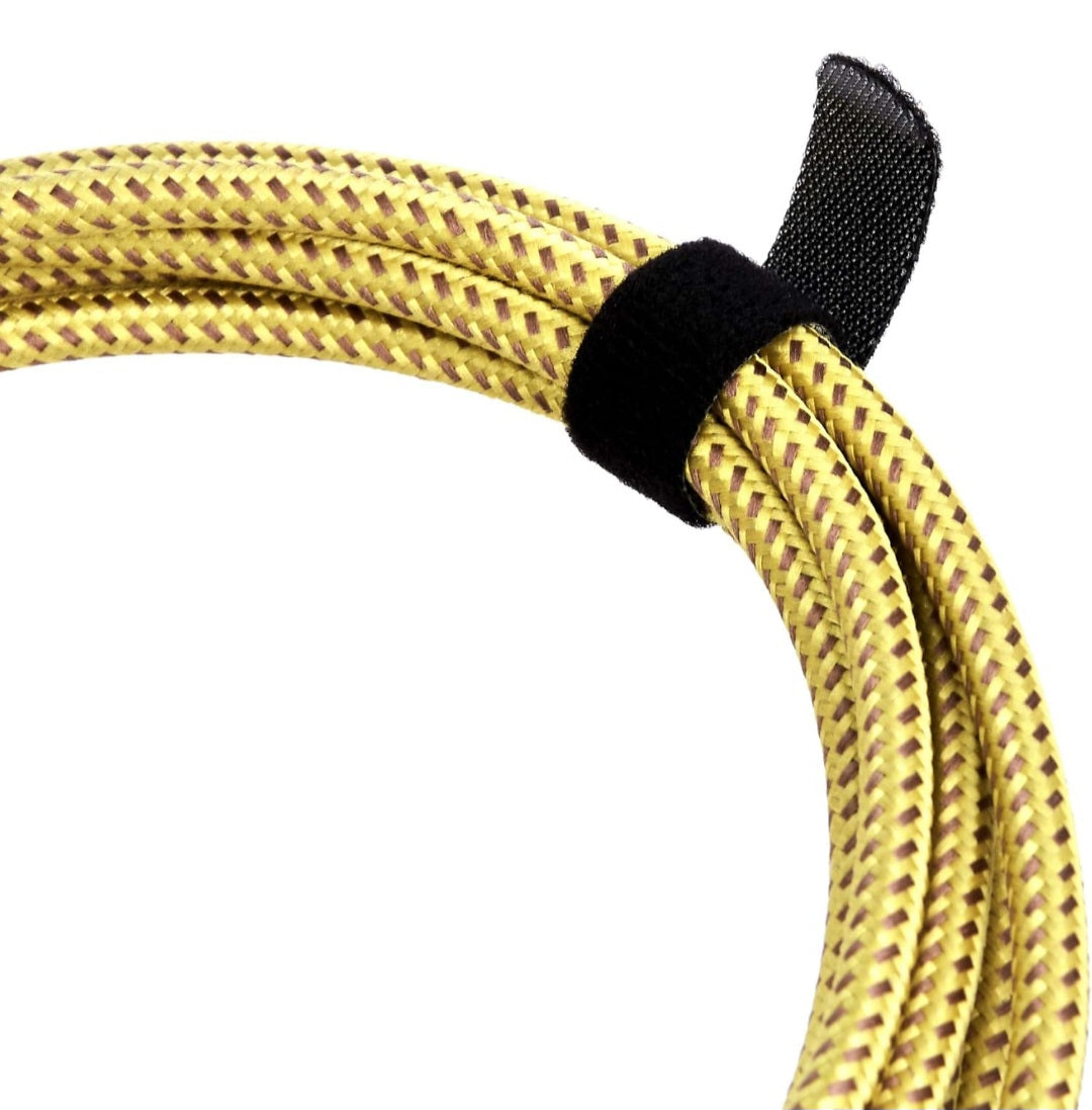 Basics TS 1/4 Inch Tweed Cloth Jacket Right-Angle Instrument Cable for Electric Guitar, 10 Foot, Yellow & Brown