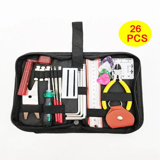 26-Piece Guitar Repair Tool Kit – Complete Maintenance Set for Acoustic, Electric & Bass Guitars with String Cutter, Ruler, Files & More