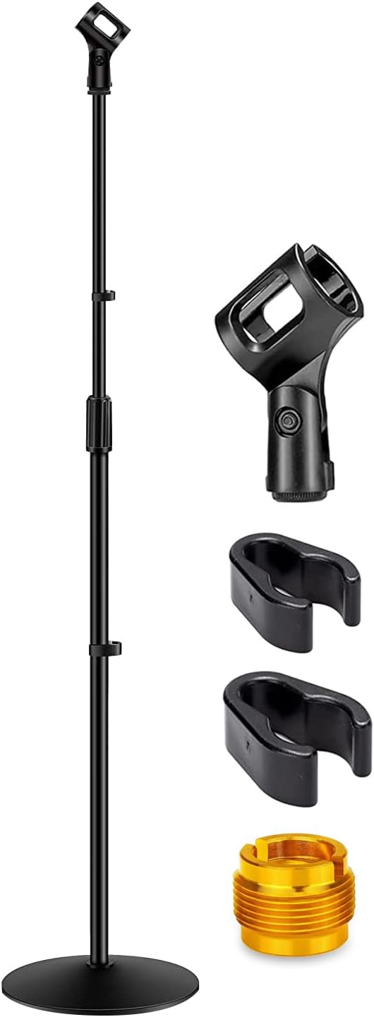 GLEAM Microphone Stand with Boom Arm – Adjustable Floor Mic Stand 34”–60” with Weighted Round Base