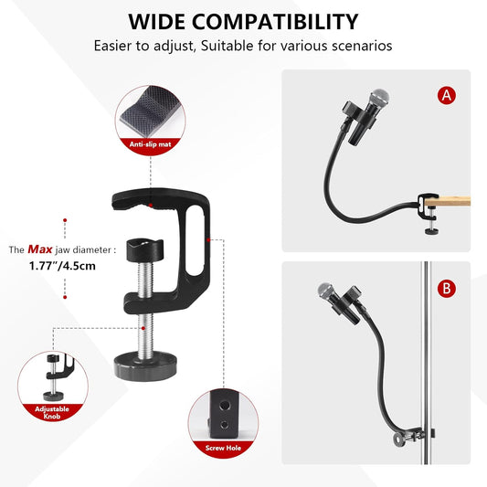 18.9" Gooseneck Microphone Stand – Flexible Adjustable Mic Arm with Super Clamp, Mic Clip & 3/8" to 5/8" Adapter, Compatible with Shure, Fifine, AT2020, Pyle, Blue Snowball, Razer