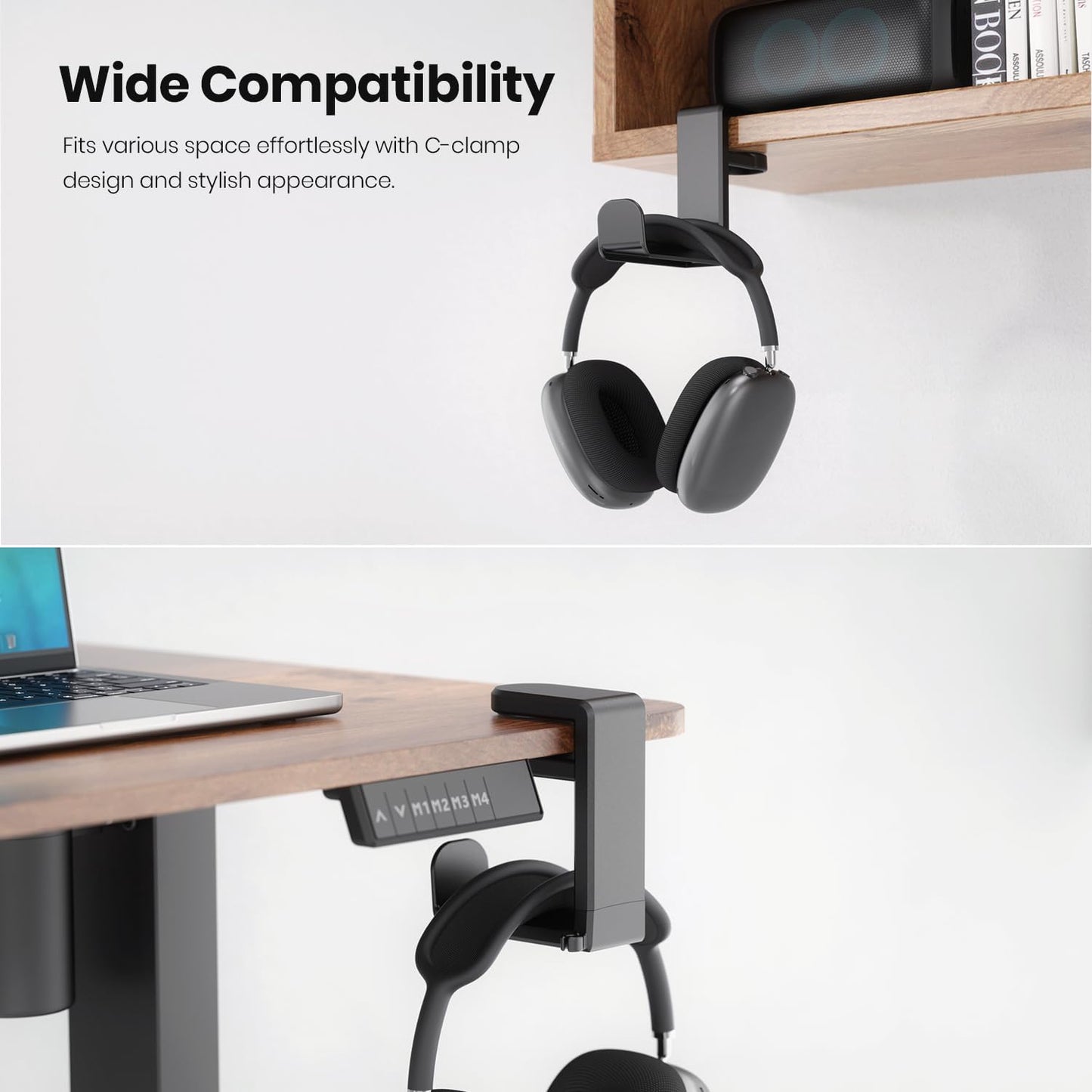 Clamp-On Headphone Holder for Desk – Under Desk Headset Stand Mount, Space Saving Gaming & Studio Headphone Hanger, Rotating Hook Desk Organizer