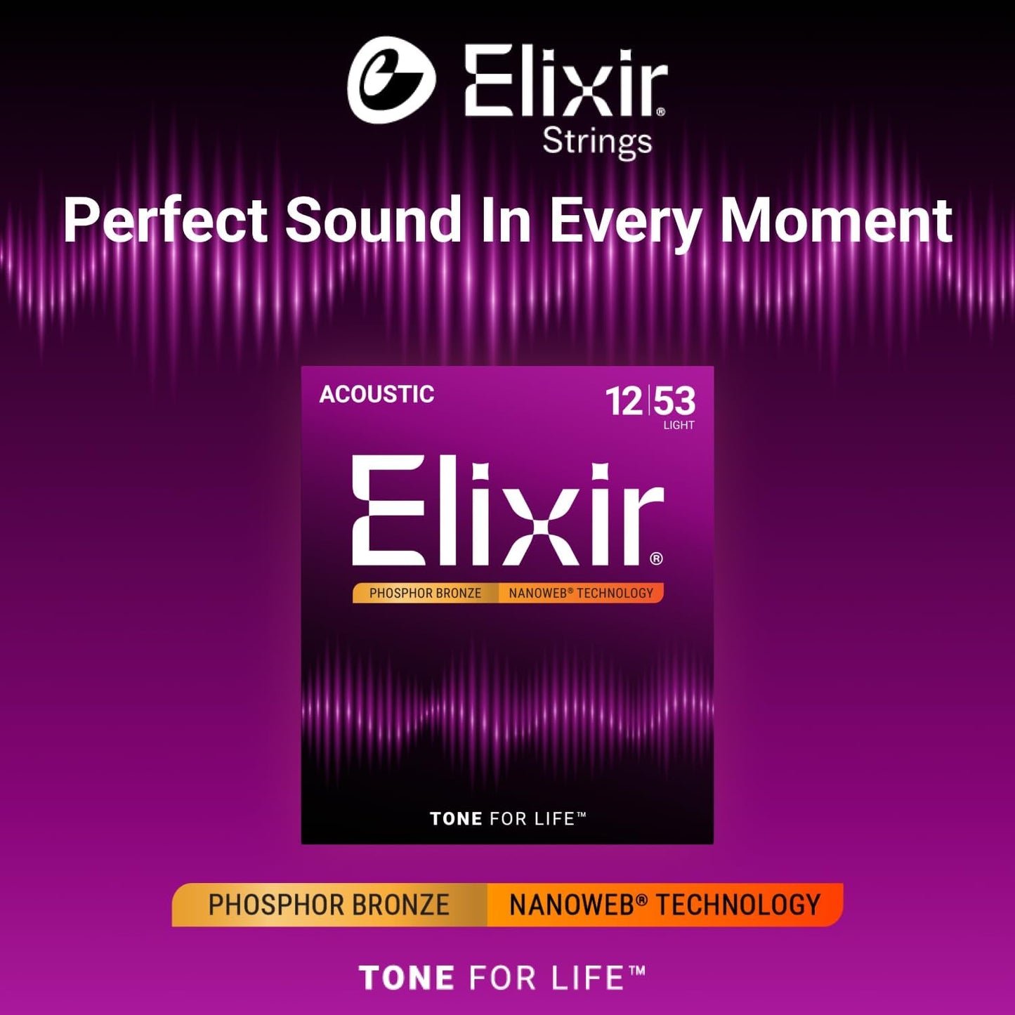 Elixir Phosphor Bronze Acoustic Guitar Strings 12-53 NANOWEB Light