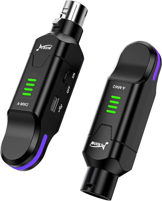 Wireless XLR Transmitter & Receiver – 2.4GHz Wireless Microphone System with 48V Phantom Power, Ultra-Low Latency for Dynamic & Condenser Mics, PA, Live Streaming, Studio (A-MW2)