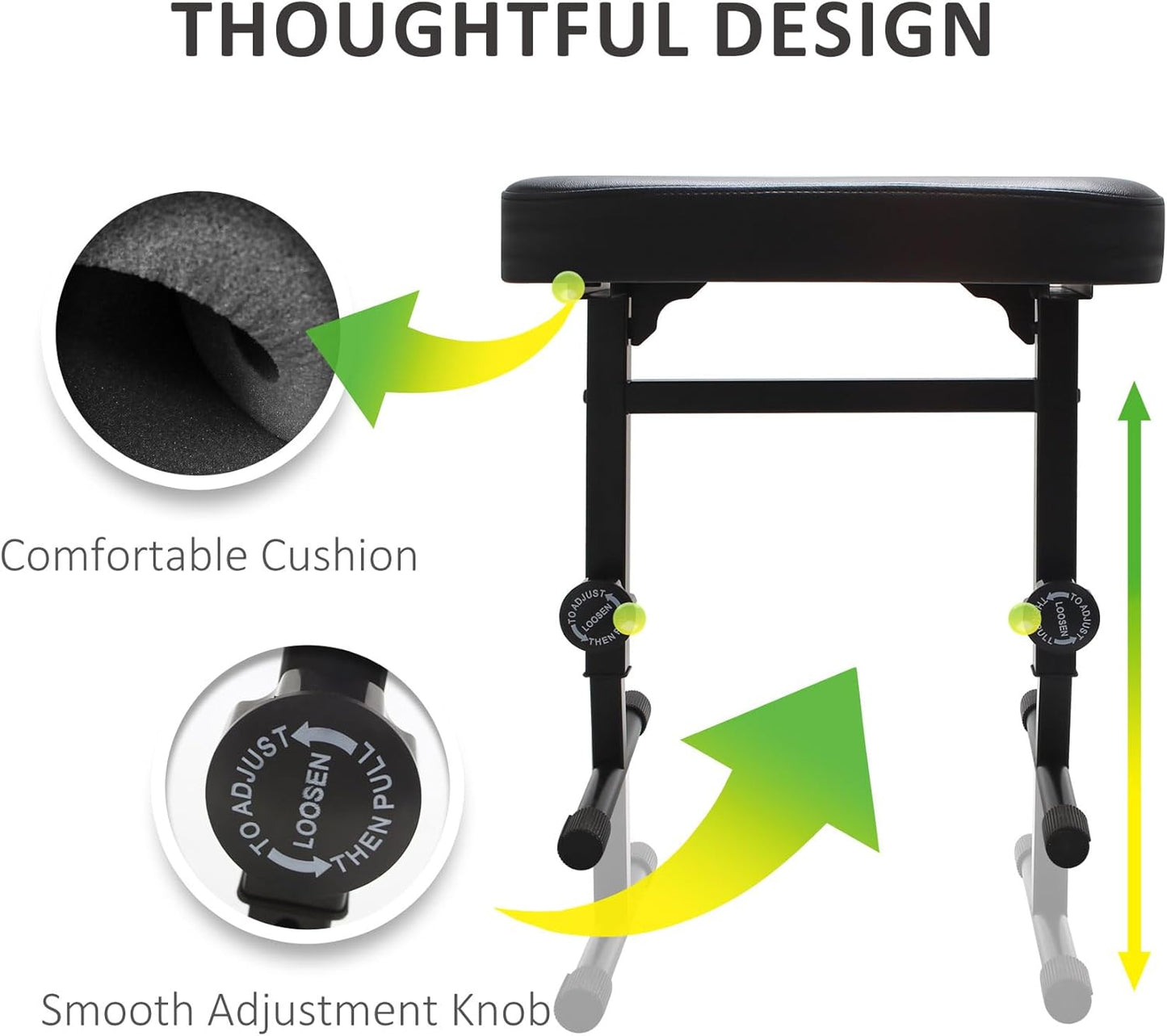 Adjustable Piano Bench Stool – Padded PU Leather Keyboard Seat for Musicians, Height Adjustable, Sturdy No-Backrest Design – Black