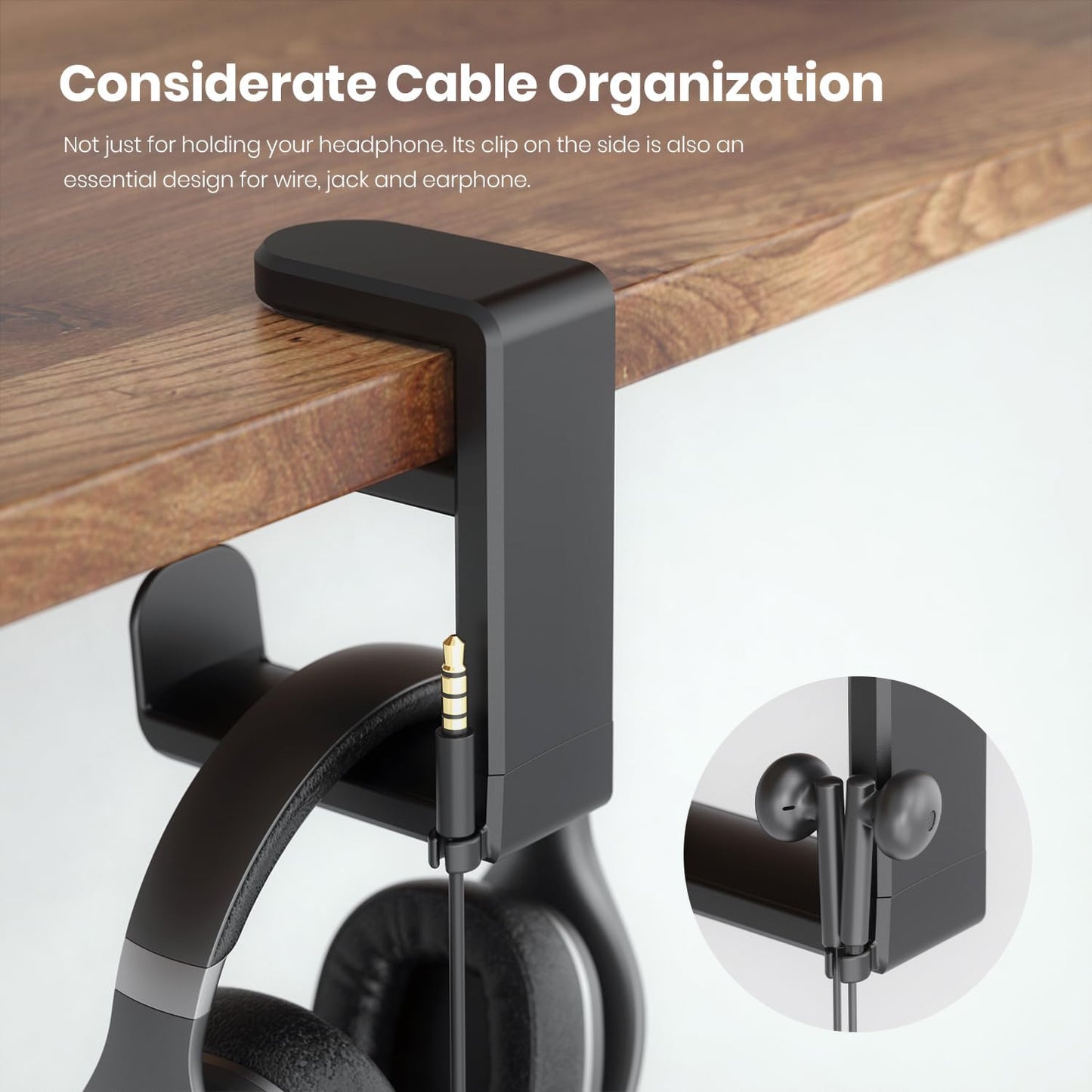 Clamp-On Headphone Holder for Desk – Under Desk Headset Stand Mount, Space Saving Gaming & Studio Headphone Hanger, Rotating Hook Desk Organizer