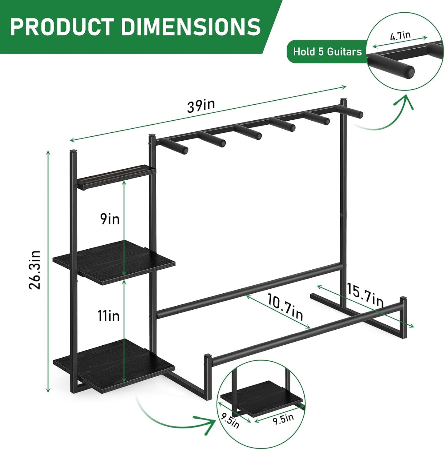 5-Slot Guitar Stand Rack for Multiple Guitars – Acoustic, Electric & Bass Holder with Side Shelves, Floor Display Stand for Home Music Studio, Protective Foam – Black