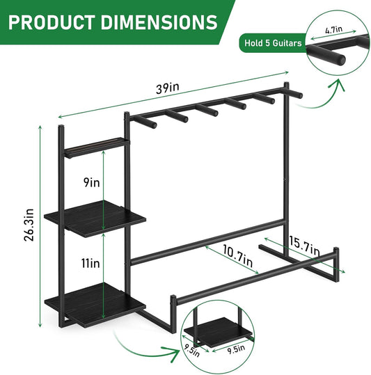 5-Slot Guitar Stand Rack for Multiple Guitars – Acoustic, Electric & Bass Holder with Side Shelves, Floor Display Stand for Home Music Studio, Protective Foam – Black