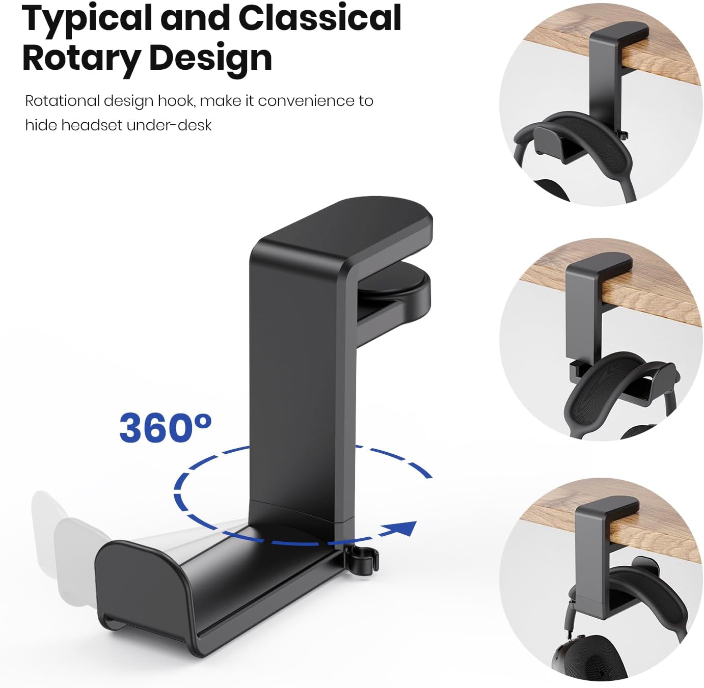 Clamp-On Headphone Holder for Desk – Under Desk Headset Stand Mount, Space Saving Gaming & Studio Headphone Hanger, Rotating Hook Desk Organizer