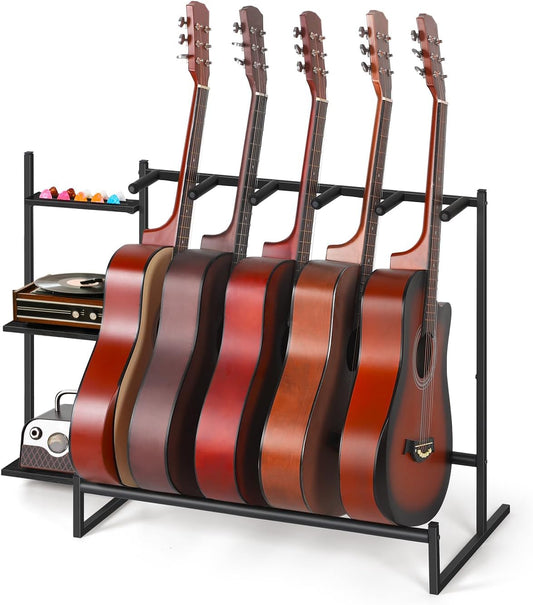 5-Slot Guitar Stand Rack for Multiple Guitars – Acoustic, Electric & Bass Holder with Side Shelves, Floor Display Stand for Home Music Studio, Protective Foam – Black