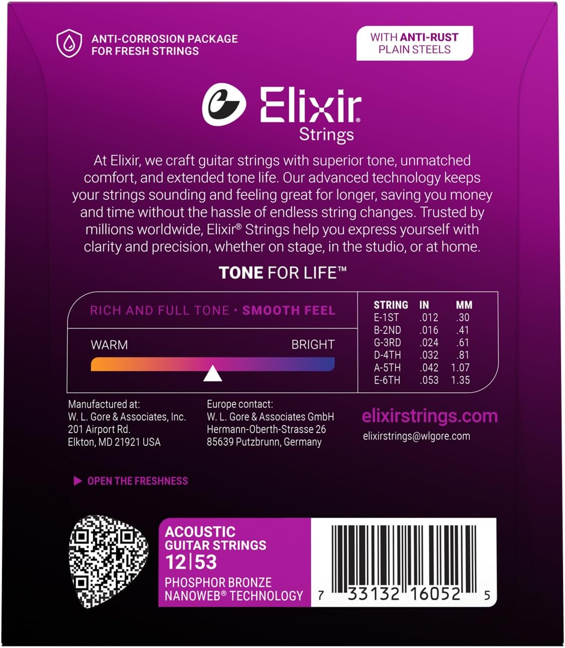 Elixir Phosphor Bronze Acoustic Guitar Strings 12-53 NANOWEB Light
