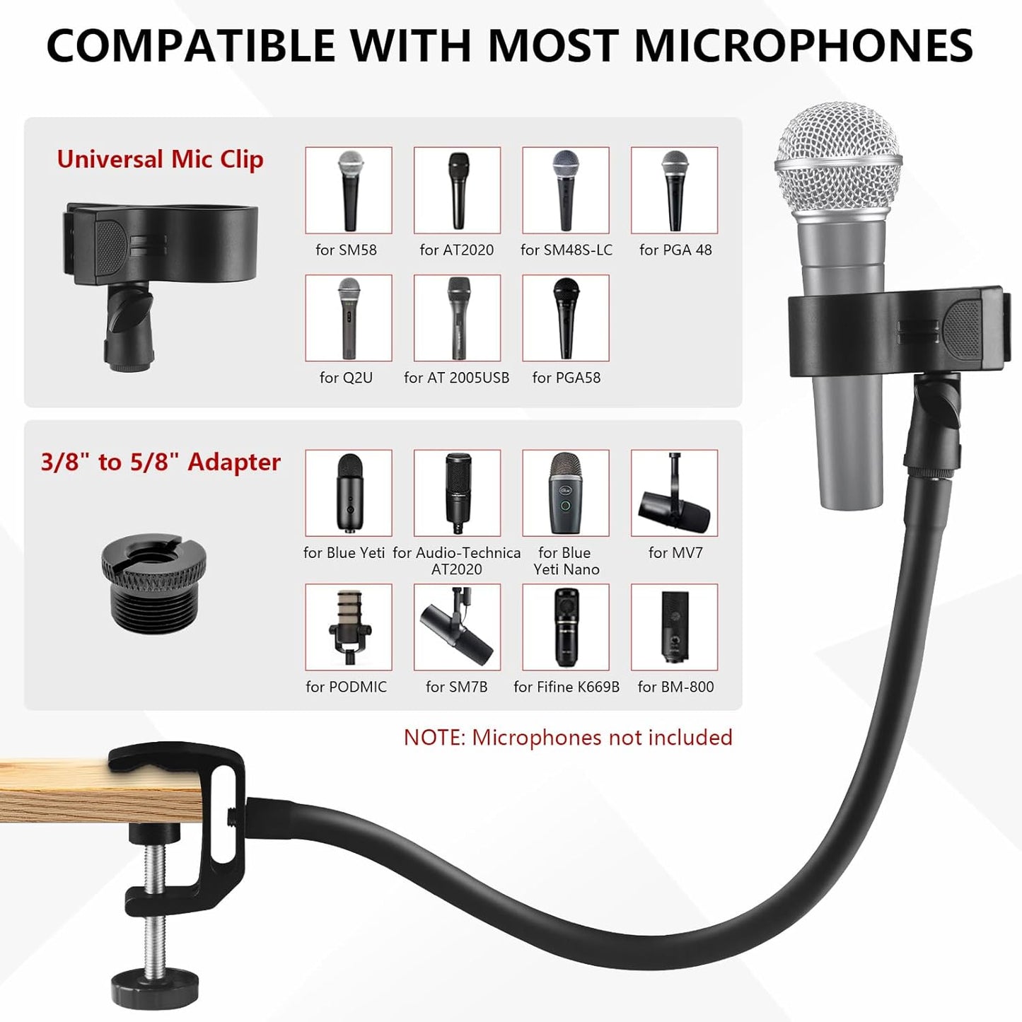 18.9" Gooseneck Microphone Stand – Flexible Adjustable Mic Arm with Super Clamp, Mic Clip & 3/8" to 5/8" Adapter, Compatible with Shure, Fifine, AT2020, Pyle, Blue Snowball, Razer