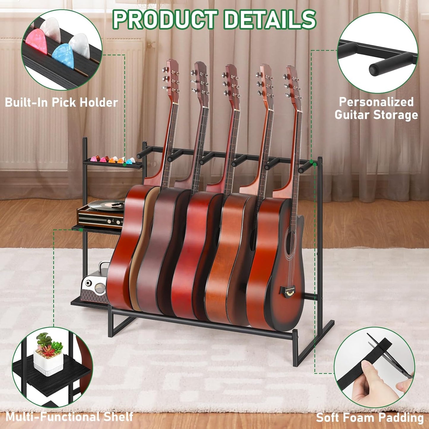 5-Slot Guitar Stand Rack for Multiple Guitars – Acoustic, Electric & Bass Holder with Side Shelves, Floor Display Stand for Home Music Studio, Protective Foam – Black